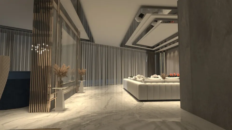 Hotel lobby with wooden slat partitions and custom seating